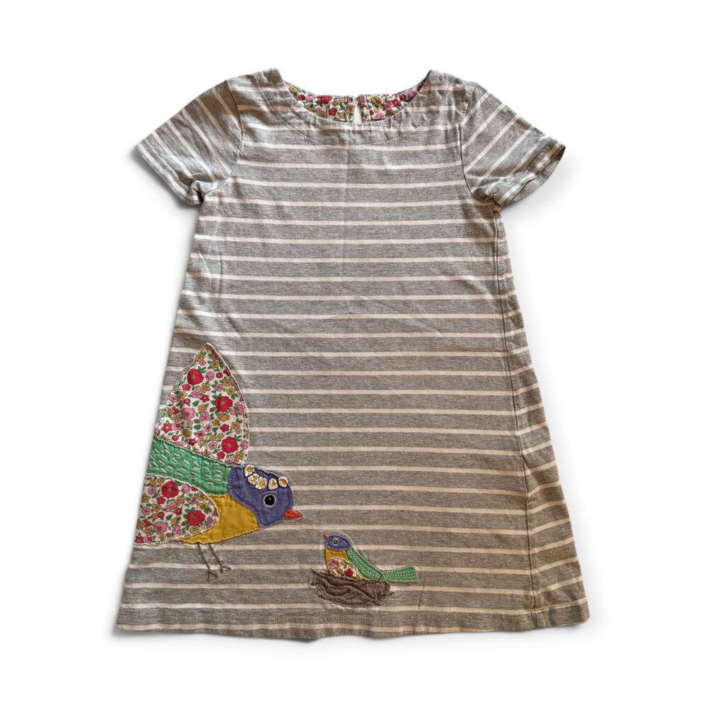 Mini Boden gray stripe bird appliqué dress